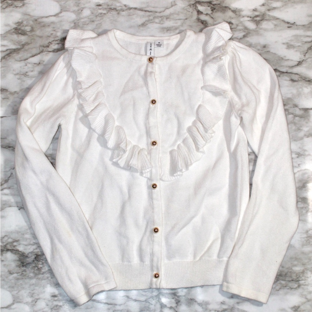 Janie and Jack Girls White Ruffle-Trim Cardigan Sweatshirt